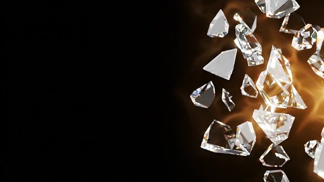 Shattered glass shards and crystal fragments floating on a black background, abstract luxury concept with light reflections