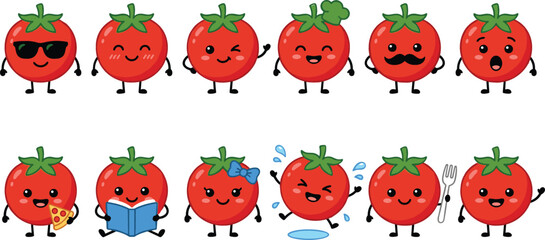 Fototapeta premium Cute tomato mascot character set with different facial expressions emoji eating pizza reading book isolated on white background