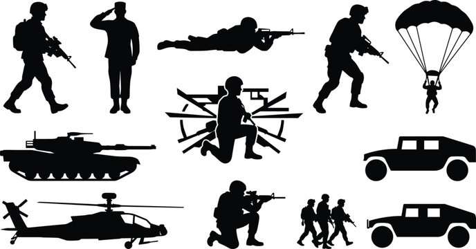 Military Operation Silhouette Set Featuring Soldiers, Vehicles, and Combat Equipment