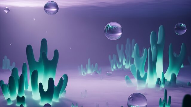 Fantasy underwater landscape with glowing teal coral and floating orbs