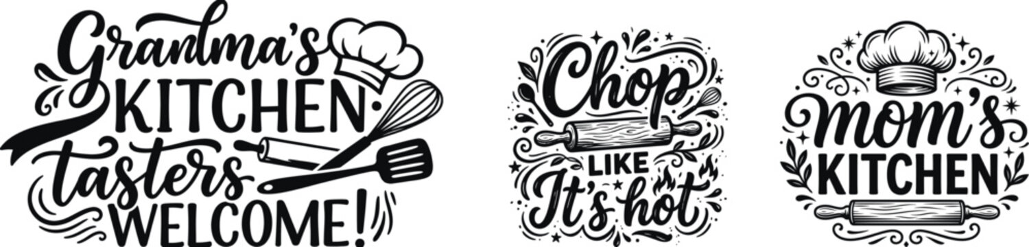 Kitchen typography set grandma mom and culinary quotes in black and white