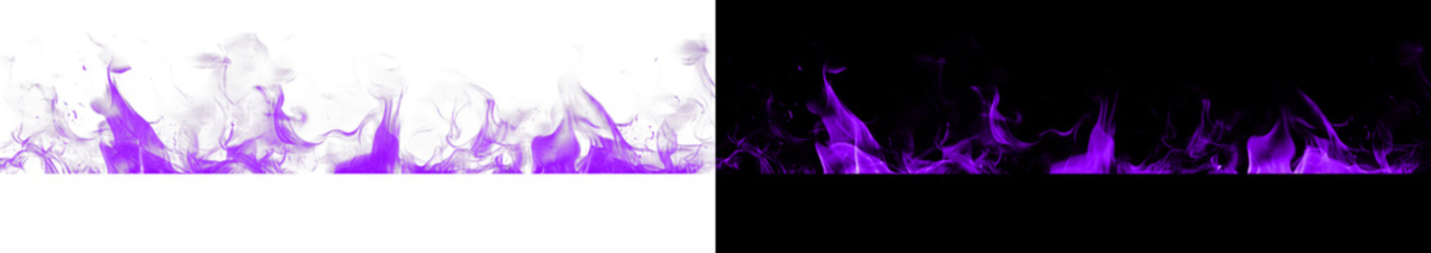 Set of isolated purple fire flame borders with transparent background for magical or artistic creative graphic design compositions.