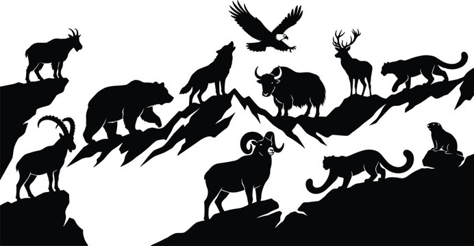 Mountain Wildlife Silhouette Collection Featuring Alpine Animals and Scenic Landscape