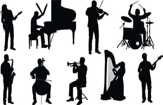 Musician Silhouette Collection Featuring Classical and Jazz Instruments in Black and White