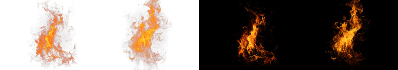 Abstract image of bright orange and yellow fire flames in dynamic burning pattern on transparent and black backgrounds. © On time PNG