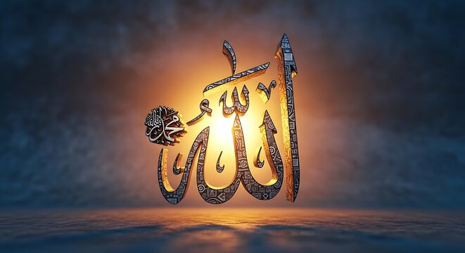 Ornate Arabic Allah Calligraphy Glowing in Dramatic Dark Background