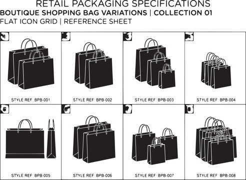 Boutique shopping bag variations collection, retail packaging specifications flat icon grid, black paper bag technical reference sheet vector