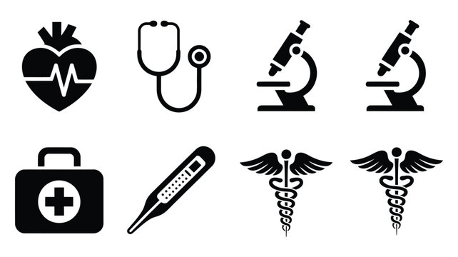 Medical icons featuring human heart, stethoscope, first aid kit, and thermometer for healthcare vector illustration
