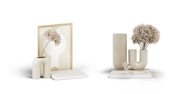 Minimalist home decor set with blank picture frame and ceramic vases isolated