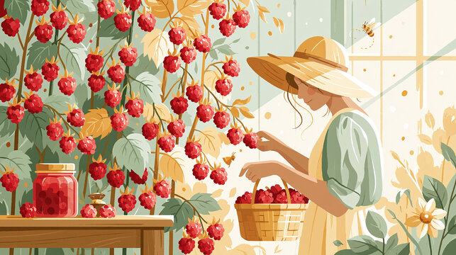 Narrative flat vector illustration, a sunny garden with tall raspberry bushes full of ripe red berries, a person in a wide straw hat carefully picking raspberries