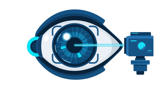 Digital Eye Scan with Laser Technology for Biometric Security, Iris Recognition, and Laser Eye Surgery Concept. Vector Illustration on White Background.