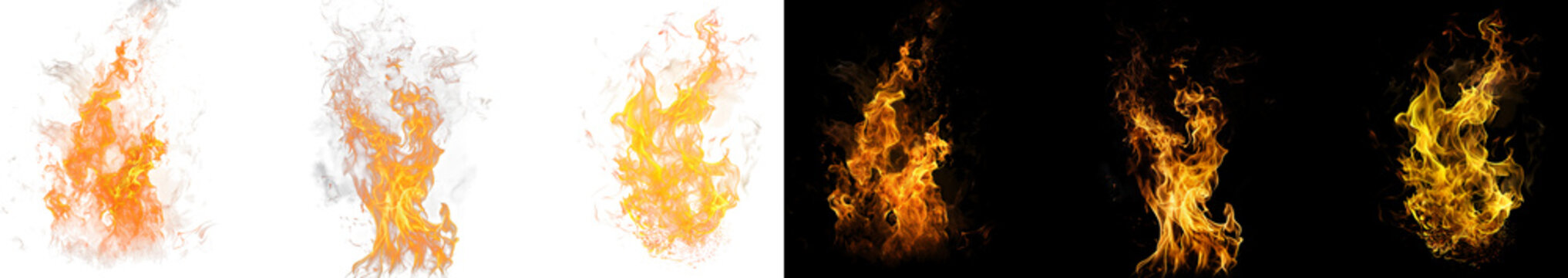 Set of fire flames on transparent and black backgrounds featuring realistic glowing embers and vibrant orange light trails effects.