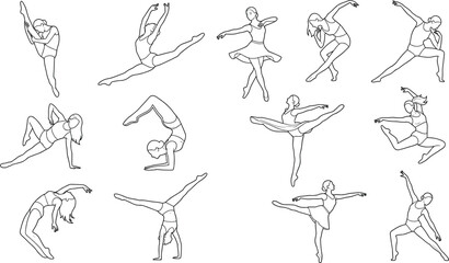 Gymnastics and Dance Pose Outline Vector Collection with Acrobat Performance Line Art © MdHaberar