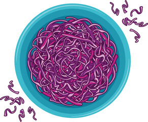 Obraz premium Top view vector illustration of shredded red cabbage salad in blue bowl healthy side dish isolated on white background