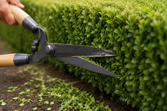 Sharp garden shears trimming a manicured green hedge, fresh cuttings on soil.