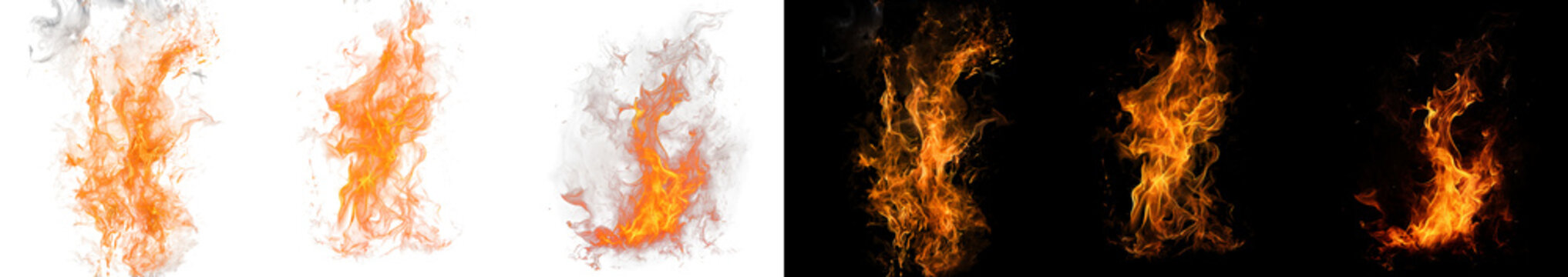Vertical fire flame columns and pillars on transparent and black backgrounds for realistic forest fire and building fire effects.