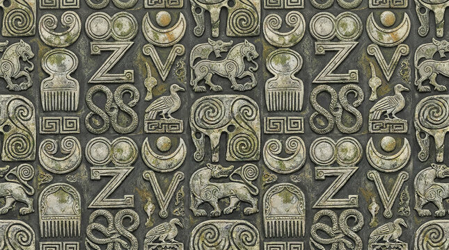 Ancient celtic relief carvings seamless texture, historical symbols and zoomorphic patterns on stone.