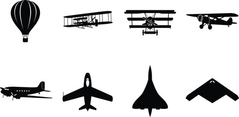 Collection of vintage airplanes, modern jets, and hot air balloon silhouettes for aviation design projects © MstAshida