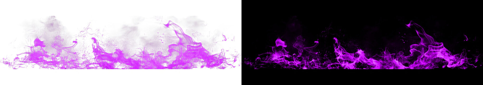 Purple magenta fire flames on transparent and black background collection presenting fantasy magic and mystical energy elements.