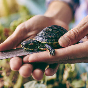 Close-up of zoologist's hands carefully holding small turtle and measuring its size, soft natural light, blurred outdoor background