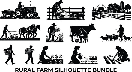 Fototapeta premium Rural Farm Silhouette Bundle Featuring Farmers, Animals, and Agricultural Scenes