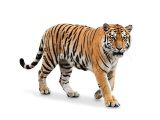 Obraz premium Tiger walking isolated on white background, orange and black stripes animal