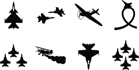 Set of Vector Icons Depicting Military Fighter Jets, Aerobatic Planes, and Formation Flight Patterns © MstAshida
