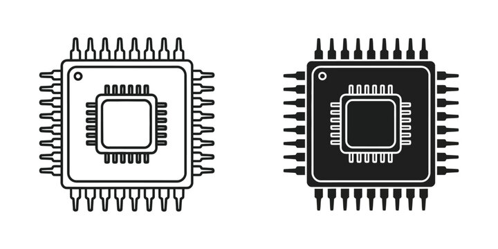 Computer microprocessor chip in outline and solid black style for electronic hardware and computing components
