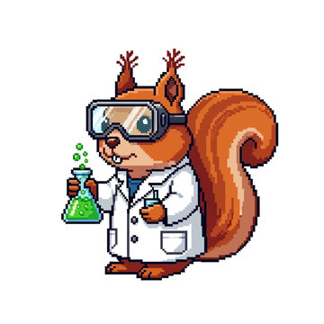 Pixel art squirrel scientist in white lab coat and safety goggles holding a green chemistry beaker