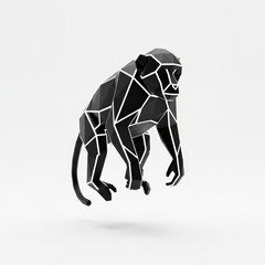 Fototapeta premium Geometric black monkey with white outlines floating against a clean white background, rendered in a low-poly style.