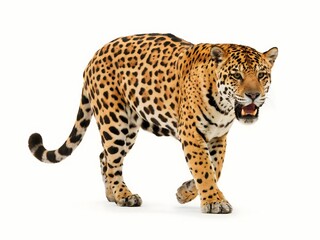 Fototapeta premium Leopard walking isolated on white background, wild animal for wildlife and conservation concepts