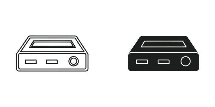 External hard drive storage device set featuring linear outline and solid black styles for data backup