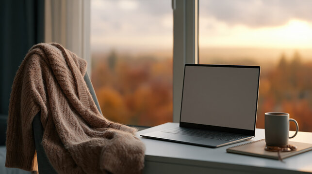Cozy apartment desk setup for remote work in early fall, warm window light, laptop, mug, blanket, notebook