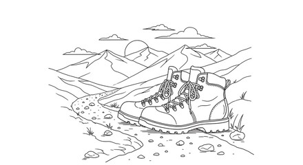 Fototapeta premium Line art illustration of hiking boots in a mountain landscape with a winding path and clouds