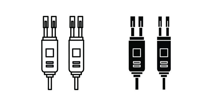 Pair of electrical plug connector in outline and solid black styles for technical hardware and wiring diagrams