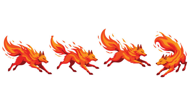 Four Running Flame Foxes on White Background