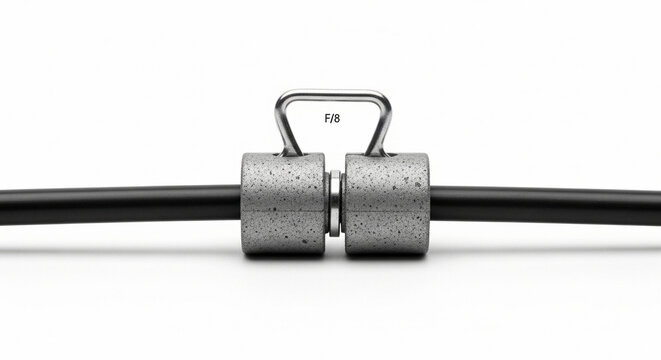 Close up of a metal ferrite bead noise filter closure attached to a black cable, F/8 designation visible