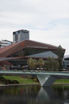 Adelaide, South Australia - April 24 2026: Adelaide convention centre with its distinctive architecture standing along the River Torrens