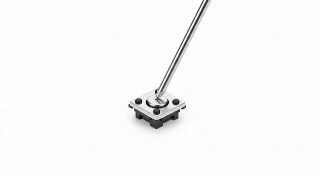 Close-up of a tactile micro switch being actuated by a silver lever on a white background