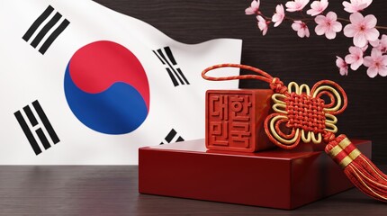 South Korea Liberation Day celebratory seal with flag and cherry blossoms