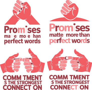 Red motivational quote typographic poster with hands making promises and commitment gestures on transparent background  various phrases and fists  words of encouragement