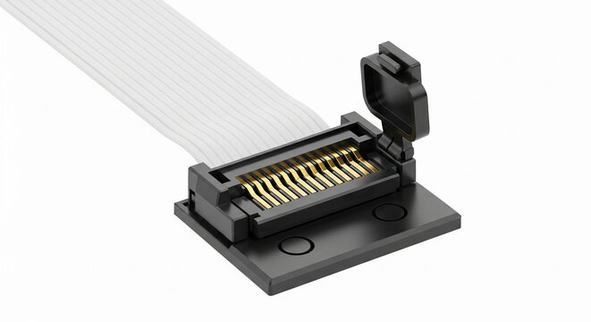 Close-up view of an open FPC connector with a ribbon cable inserted, showcasing golden pins on a black base.