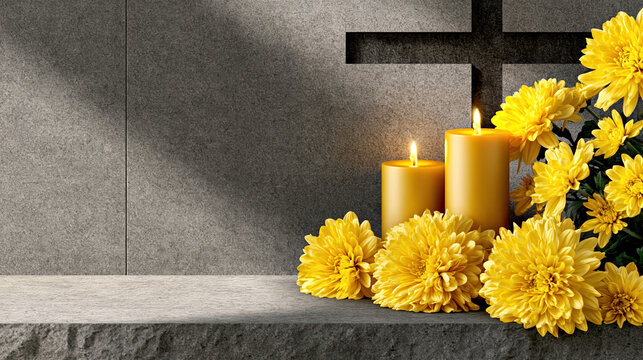 Memorial candle and yellow chrysanthemum near stone cross for all souls day remembrance