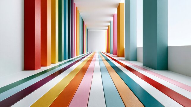 A modern, colorful corridor with vertical columns and striped flooring in vibrant hues, creating a visually striking and symmetrical architectural space.