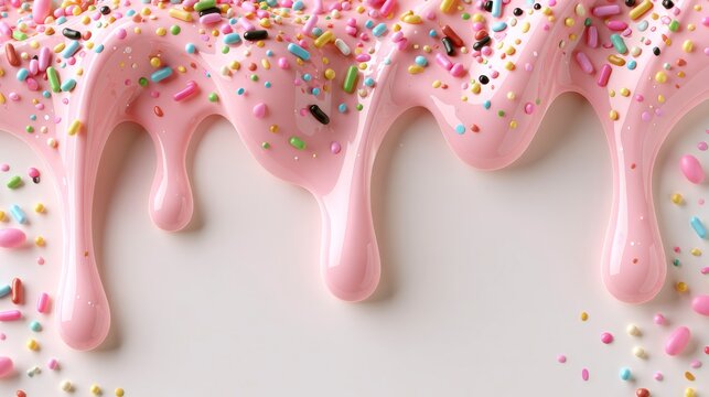 Pink icing with colorful sprinkles drips smoothly down a surface, creating a sweet and festive dessert decoration effect.