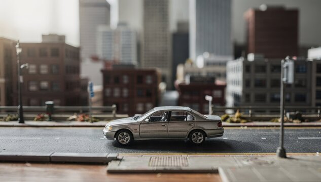 Medium shot of a detailed miniature cityscape with a tiny car in sharp focus softly blurred skyscrapers in the background creating realistic depth for cinematic scenes.