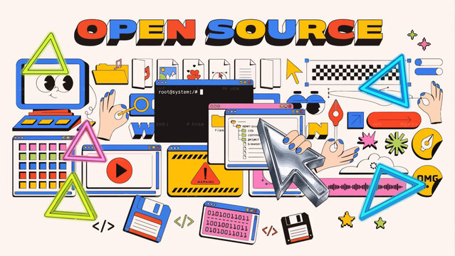 Retro open source software interface with icons windows folders and various digital web development kit elements