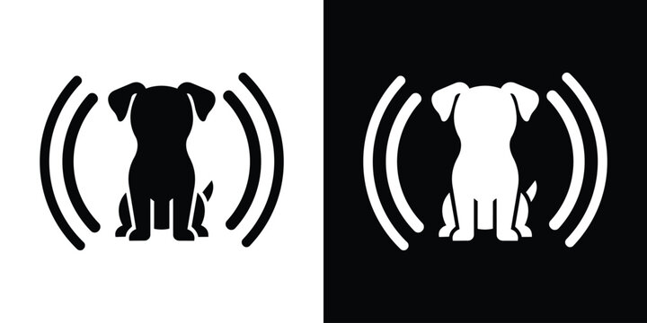 Pet identification microchip vector icon showing a puppy from the front flanked by wireless signal waves. Clean black and white graphics.