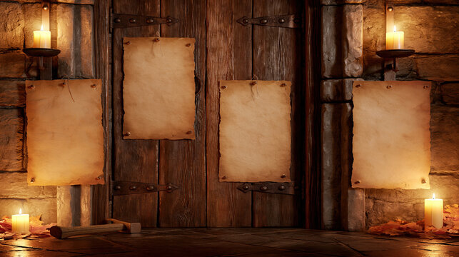 Old wooden church door with blank parchment and candlelight in rustic stone room for reformation day banner