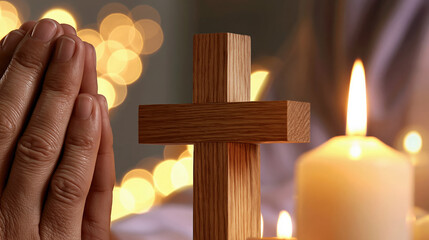 Prayer hands beside wooden cross and candle in warm church light for solemn all souls day remembrance